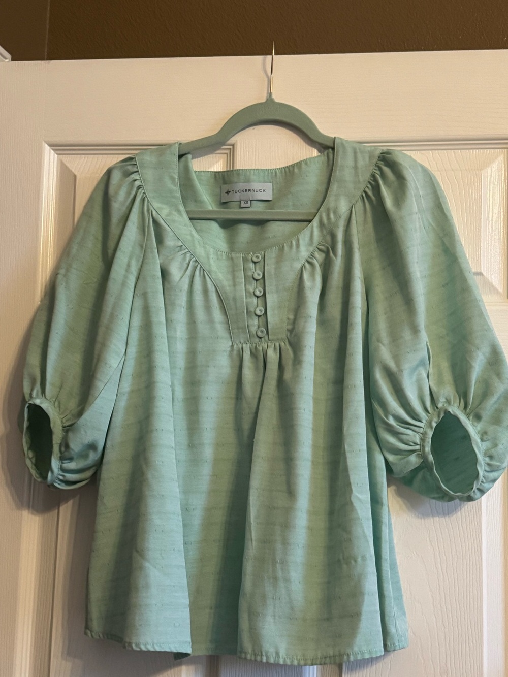 Tuckernuck Mint Green Swiss Dot Bardot Blouse Top Boho Peasant Cottagecore XS